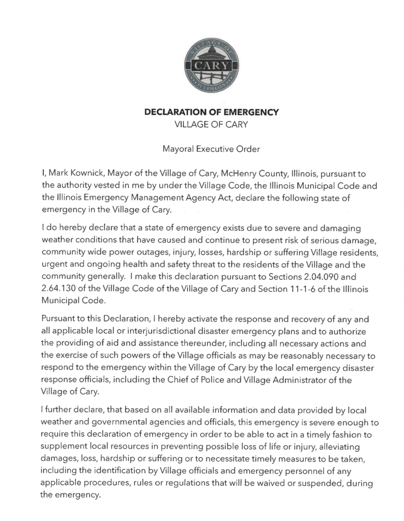 Cary IL Declaration of Emergency