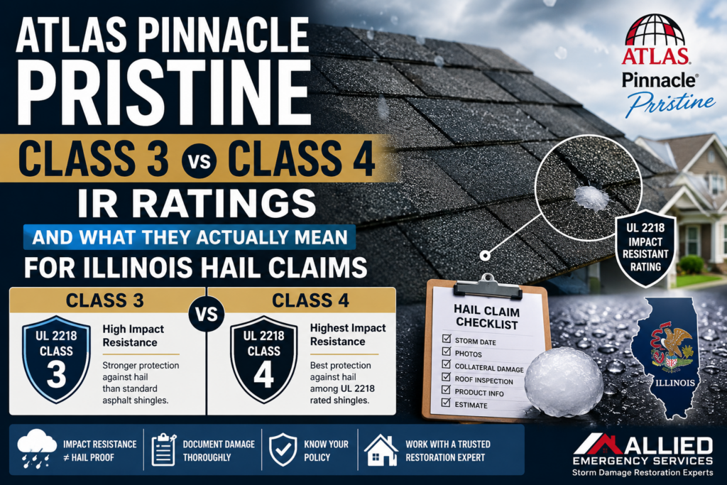 Atlas Pinnacle Pristine Class 3 vs Class 4 impact resistant shingle ratings for Illinois hail damage insurance claims