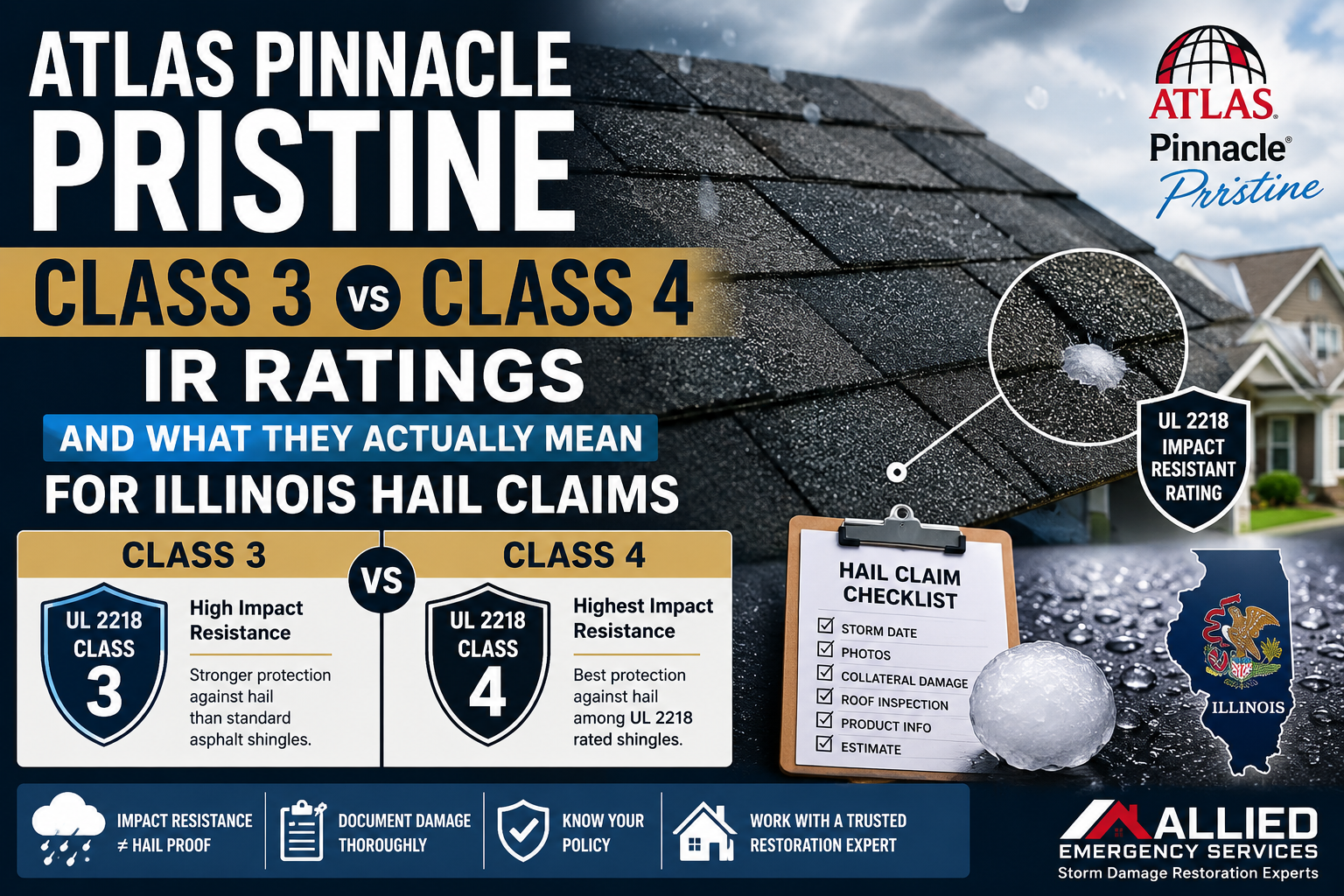 Atlas Pinnacle Pristine Class 3 vs Class 4 impact resistant shingle ratings for Illinois hail damage insurance claims