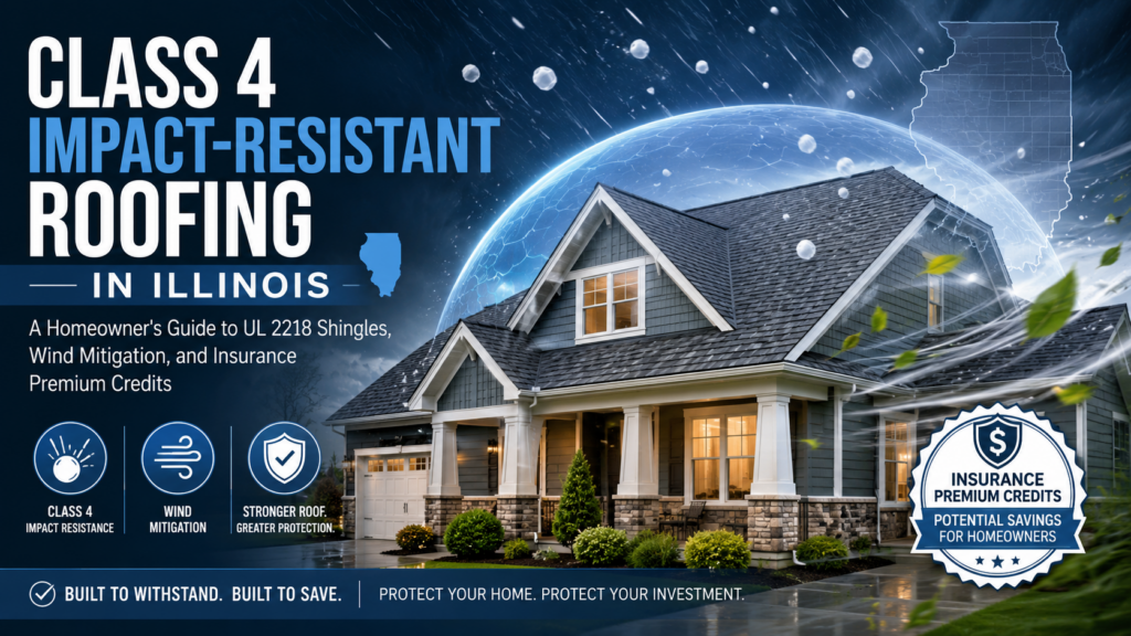 Hailstones deflecting off a UL 2218 Class 4 impact-resistant asphalt shingle roof during an Illinois storm, with Allied Emergency Services certification seal