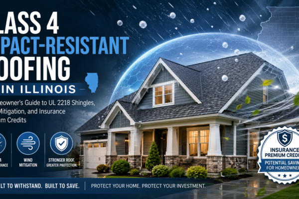 Hailstones deflecting off a UL 2218 Class 4 impact-resistant asphalt shingle roof during an Illinois storm, with Allied Emergency Services certification seal