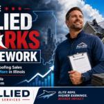 Allied Sharks Framework featured image showing Illinois roofing sales reps, storm restoration work, and higher earning opportunities