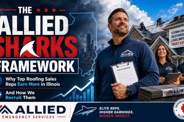 Allied Sharks Framework featured image showing Illinois roofing sales reps, storm restoration work, and higher earning opportunities