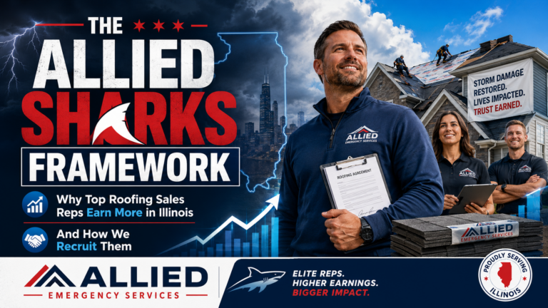 Allied Sharks Framework featured image showing Illinois roofing sales reps, storm restoration work, and higher earning opportunities