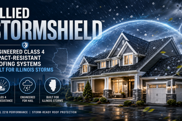 Allied StormShield three-tier Class 4 impact-resistant roofing system installed on an Illinois home, showing sealed deck construction and Atlas Signature Select shingles