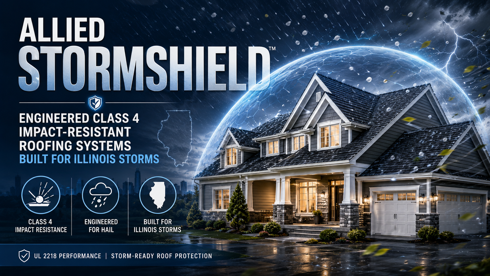 Allied StormShield three-tier Class 4 impact-resistant roofing system installed on an Illinois home, showing sealed deck construction and Atlas Signature Select shingles