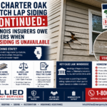 Alside Charter Oak D4.5 Dutch Lap discontinued siding insurance claim graphic showing damaged siding, visible mismatch, and Illinois matching claim guidance.