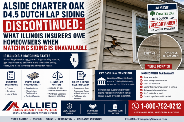 Alside Charter Oak D4.5 Dutch Lap discontinued siding insurance claim graphic showing damaged siding, visible mismatch, and Illinois matching claim guidance.