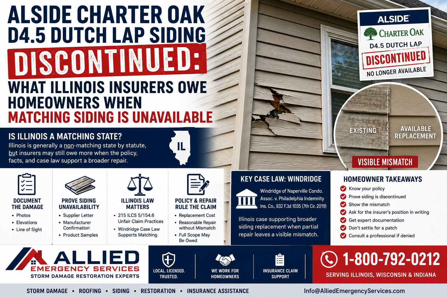 Alside Charter Oak D4.5 Dutch Lap discontinued siding insurance claim graphic showing damaged siding, visible mismatch, and Illinois matching claim guidance.