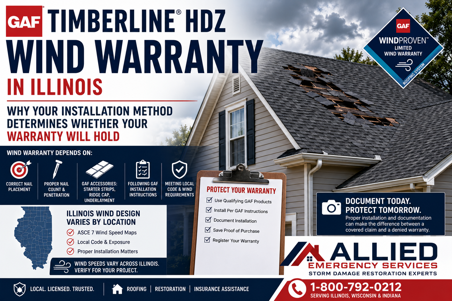 GAF Timberline HDZ wind warranty in Illinois showing roof wind damage, installation checklist, nail placement, GAF accessories, and warranty documentation.