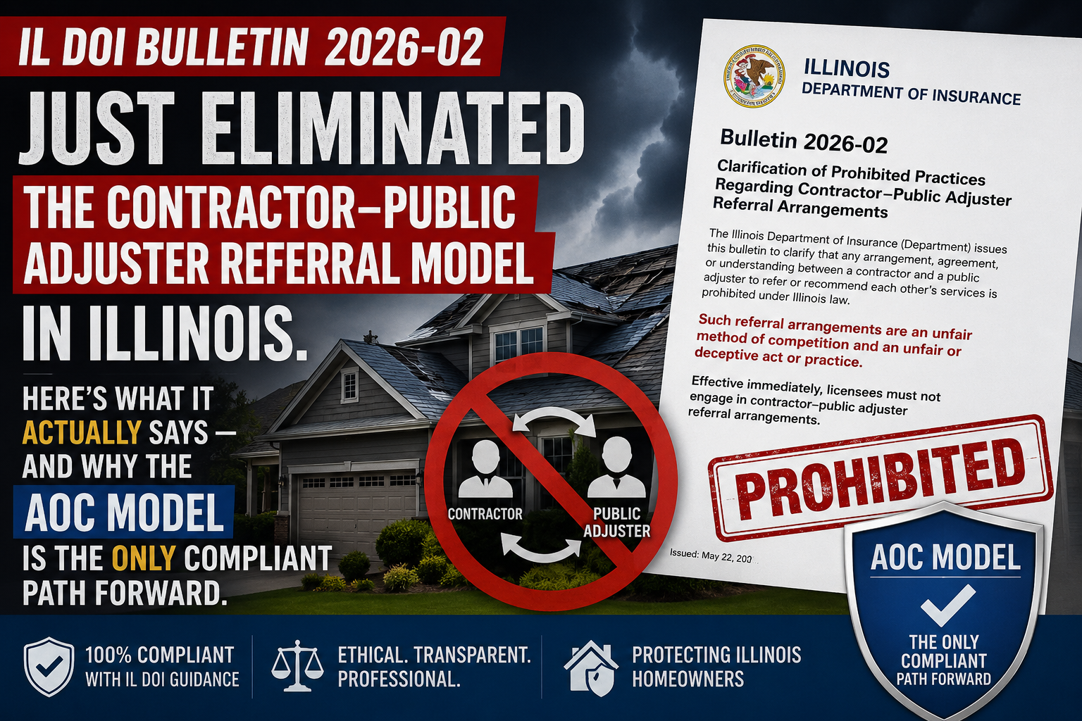 Illinois Department of Insurance Bulletin 2026-02 third-party public adjuster lead generators - Allied Emergency Services licensed roofing contractor AOC analysis