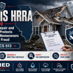 Illinois HRRA storm damage contractor fraud protection graphic showing a damaged home, written contract checklist, and homeowner verifying repair terms under 815 ILCS 513.