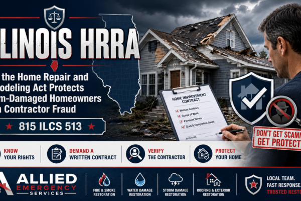 Illinois HRRA storm damage contractor fraud protection graphic showing a damaged home, written contract checklist, and homeowner verifying repair terms under 815 ILCS 513.