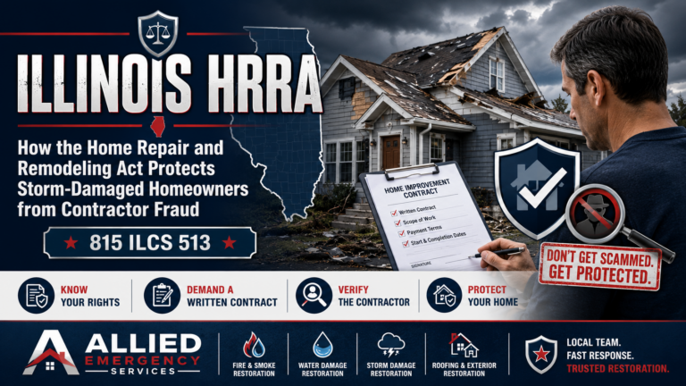 Illinois HRRA storm damage contractor fraud protection graphic showing a damaged home, written contract checklist, and homeowner verifying repair terms under 815 ILCS 513.