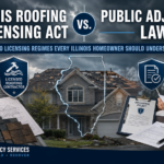 Illinois Roofing Industry Licensing Act versus Public Adjusters Law graphic showing a licensed roofer, insurance claim documents, and a storm-damaged Illinois home.