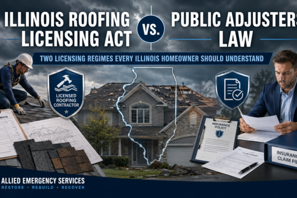Illinois Roofing Industry Licensing Act versus Public Adjusters Law graphic showing a licensed roofer, insurance claim documents, and a storm-damaged Illinois home.
