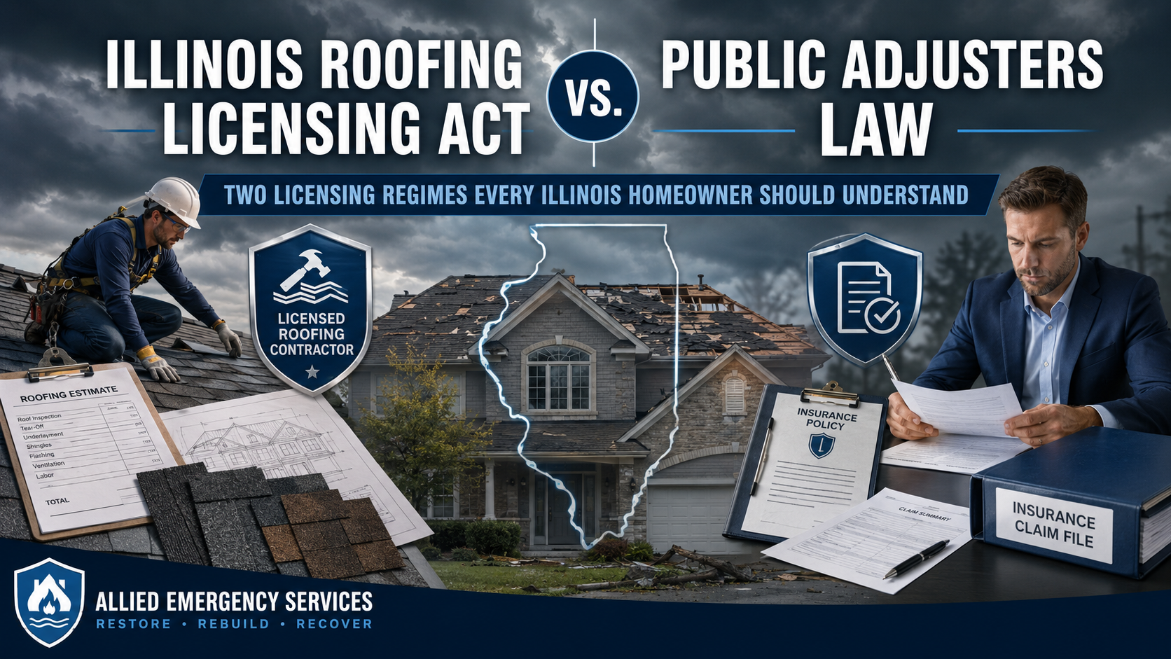 Illinois Roofing Industry Licensing Act versus Public Adjusters Law graphic showing a licensed roofer, insurance claim documents, and a storm-damaged Illinois home.