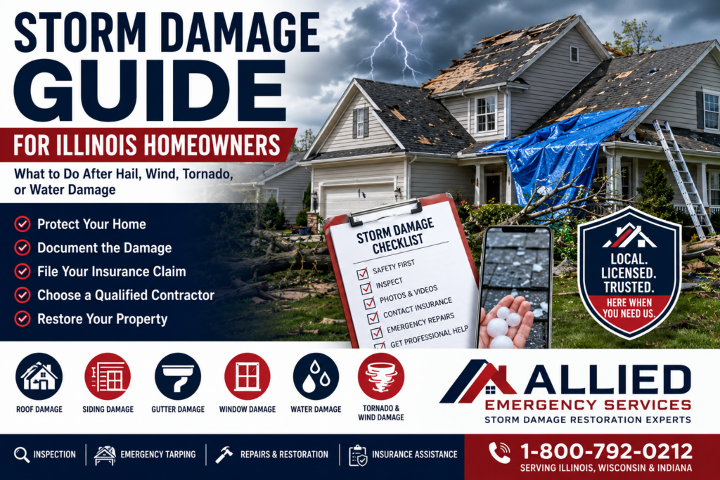 Storm damage guide for Illinois homeowners showing hail, wind, tornado, roof damage, emergency tarping, insurance claim checklist, and Allied Emergency Services restoration support.