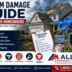 Storm damage guide for Illinois homeowners showing hail, wind, tornado, roof damage, emergency tarping, insurance claim checklist, and Allied Emergency Services restoration support.