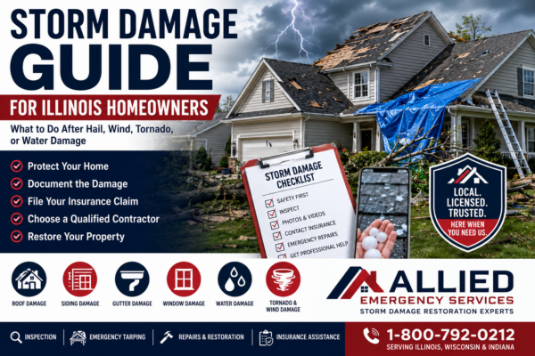 Storm damage guide for Illinois homeowners showing hail, wind, tornado, roof damage, emergency tarping, insurance claim checklist, and Allied Emergency Services restoration support.