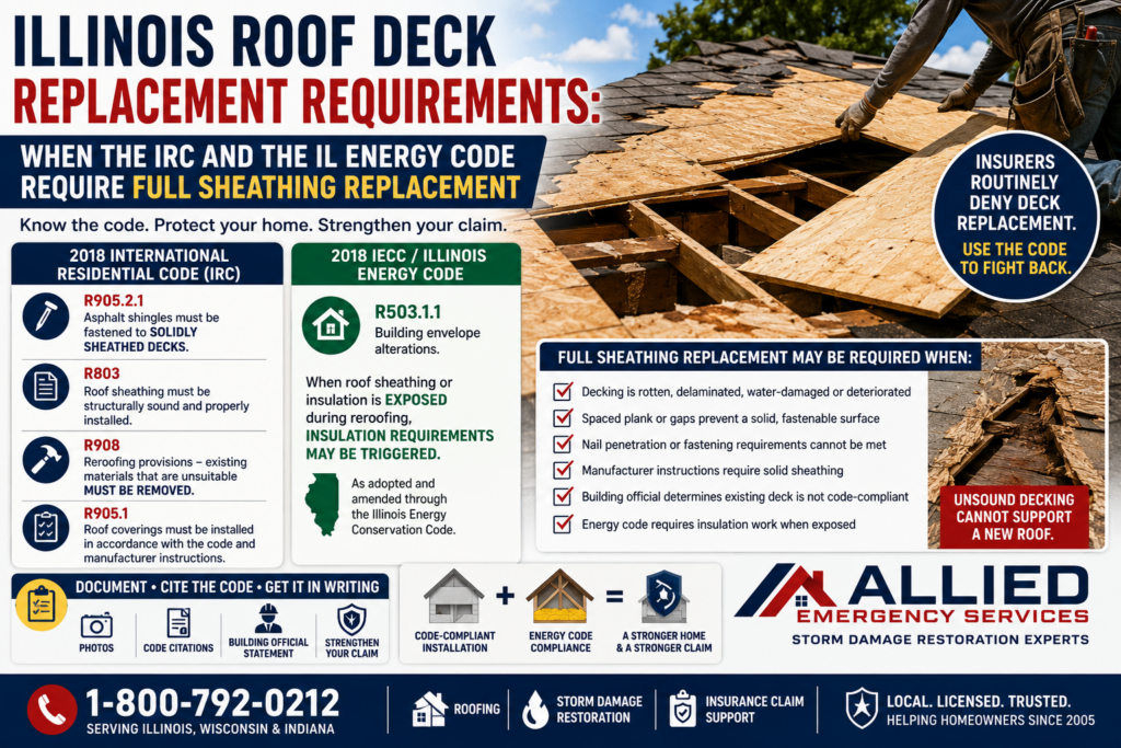 Illinois roof deck replacement requirements graphic showing damaged roof sheathing, 2018 IRC code citations, Illinois Energy Code requirements, and insurance claim documentation tips.