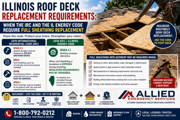 Illinois roof deck replacement requirements graphic showing damaged roof sheathing, 2018 IRC code citations, Illinois Energy Code requirements, and insurance claim documentation tips.