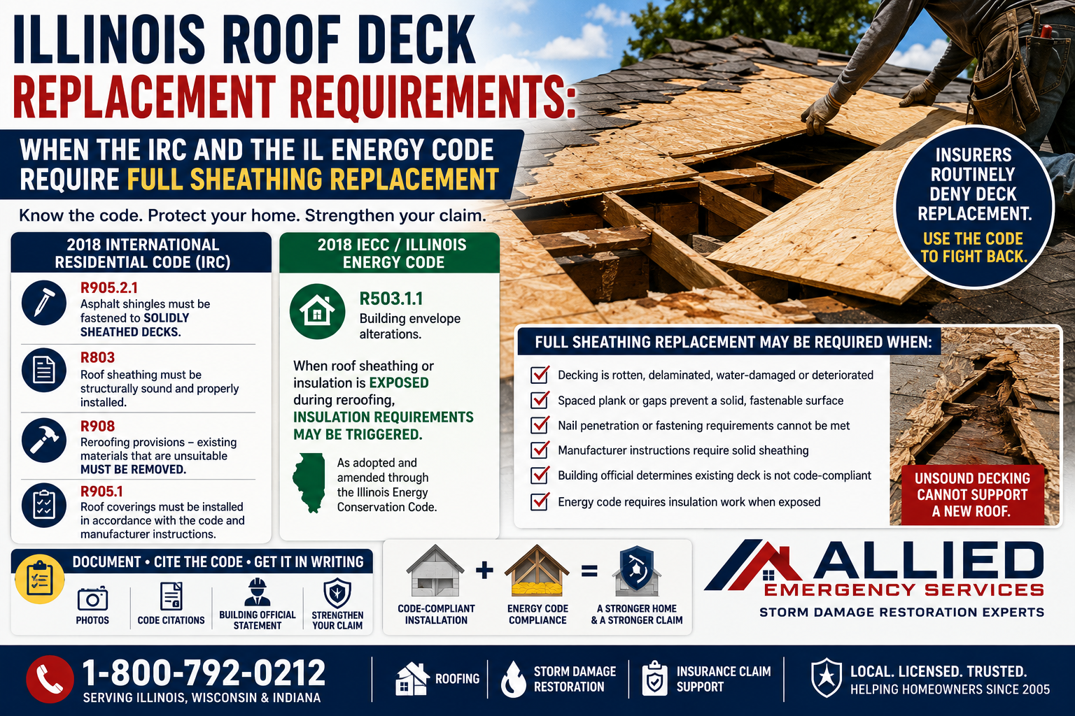 Illinois roof deck replacement requirements graphic showing damaged roof sheathing, 2018 IRC code citations, Illinois Energy Code requirements, and insurance claim documentation tips.