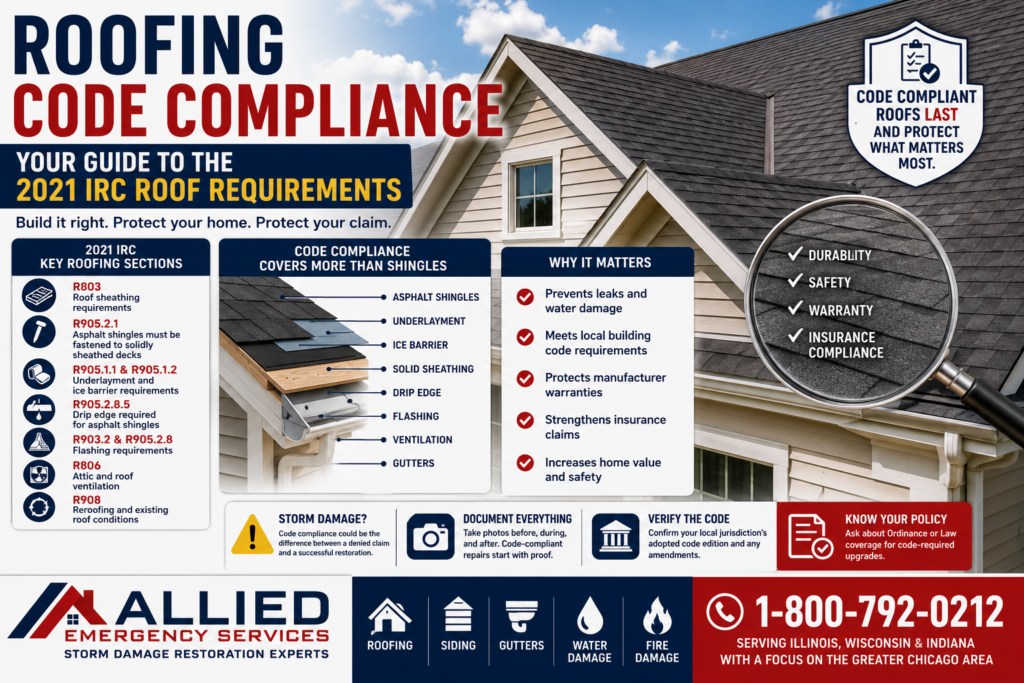 Roofing code compliance guide for Illinois homeowners showing 2021 IRC roof requirements, asphalt shingles, solid sheathing, underlayment, ice barrier, drip edge, flashing, ventilation, and insurance claim documentation.