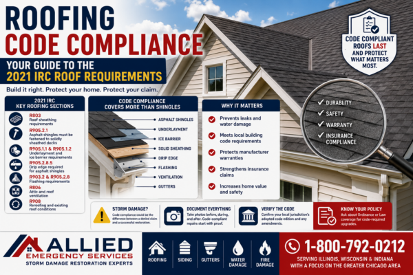 Roofing code compliance guide for Illinois homeowners showing 2021 IRC roof requirements, asphalt shingles, solid sheathing, underlayment, ice barrier, drip edge, flashing, ventilation, and insurance claim documentation.