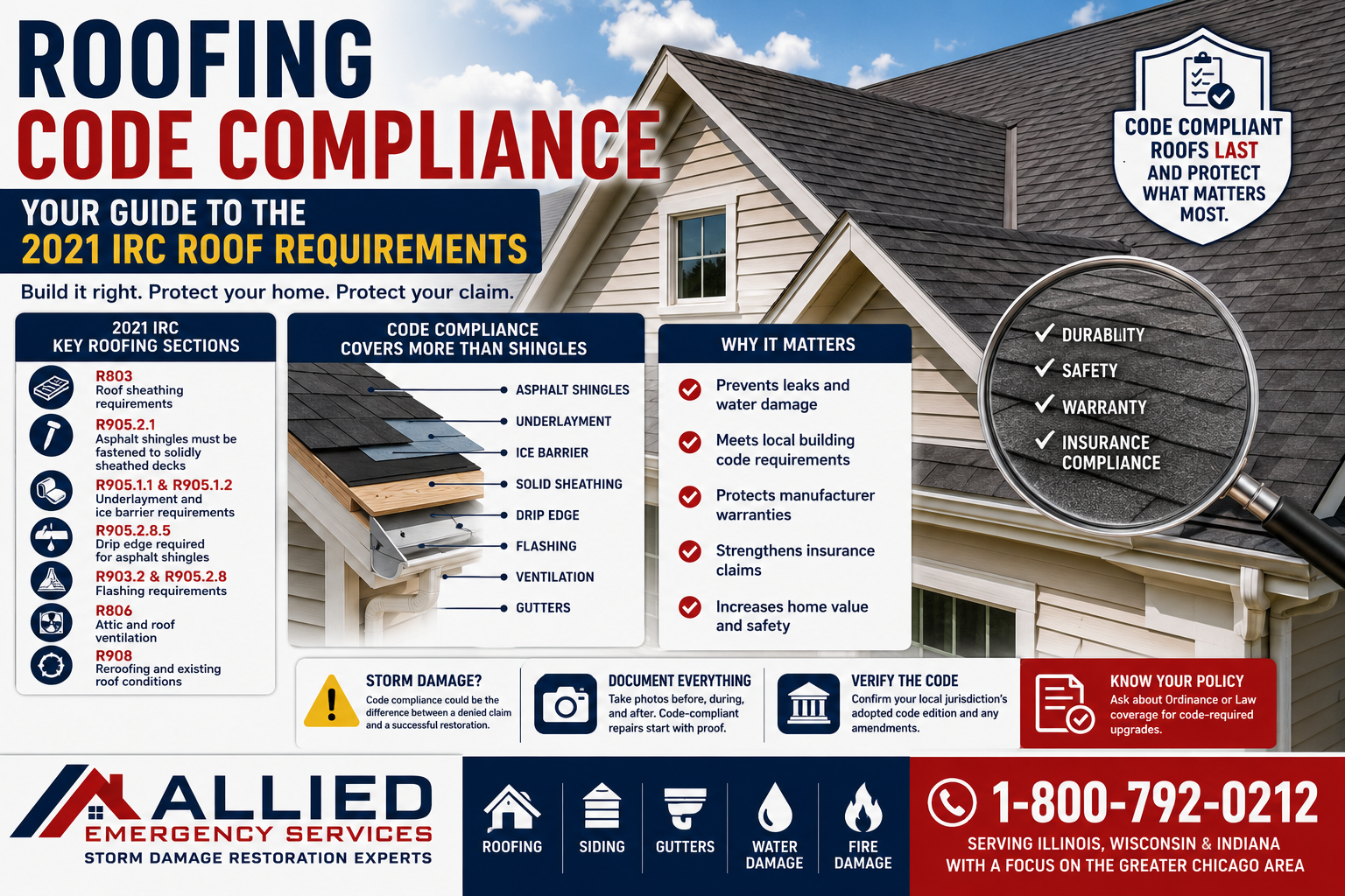 Roofing code compliance guide for Illinois homeowners showing 2021 IRC roof requirements, asphalt shingles, solid sheathing, underlayment, ice barrier, drip edge, flashing, ventilation, and insurance claim documentation.