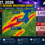 July 27, 2026 Midwest storm infographic showing 4-inch hail and 100 mph wind swaths across Chicago, Wisconsin and Indiana.