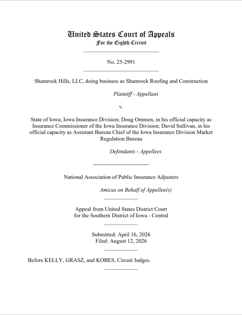 the Eighth Circuit's ruling in Shamrock Hills v. Iowa on contractor free speech and public adjuster licensing law