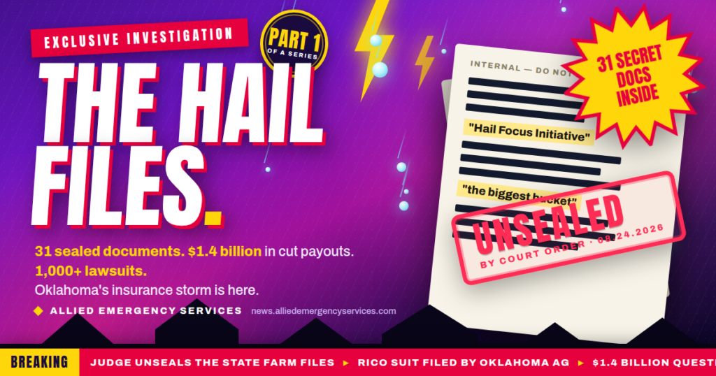 Illustration for The Hail Files: redacted State Farm internal document stamped "Unsealed by court order 08.24.2026" under a hail storm with lightning, with headlines reading 31 sealed documents, $1.4 billion in cut payouts, 1,000+ lawsuits — Oklahoma State Farm lawsuit exposé, Part 1 of a series.