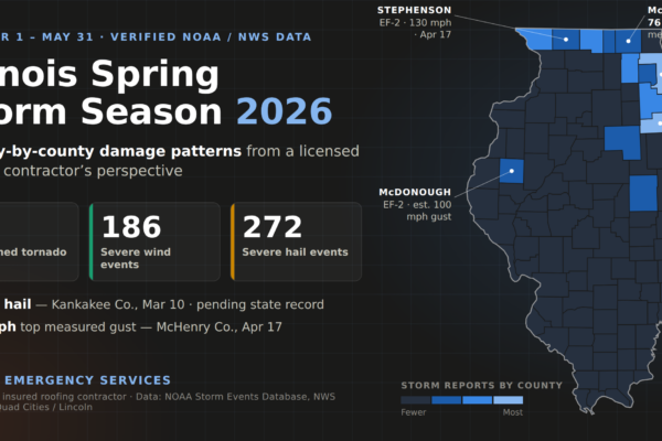 Infographic map of Illinois showing spring 2026 storm damage by county: 74 confirmed tornado events, 186 severe wind events, and 272 severe hail events from March 1 to May 31, with callouts for Kankakee County's EF-3 tornado and 6.60-inch record hail, Cook County's roughly 34 storm reports, a 76 mph measured gust in McHenry County, and EF-2 tornadoes in Stephenson and McDonough counties.