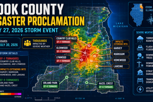 Cook County disaster proclamation graphic for the July 27, 2026 storm showing tornado impacts and emergency response.