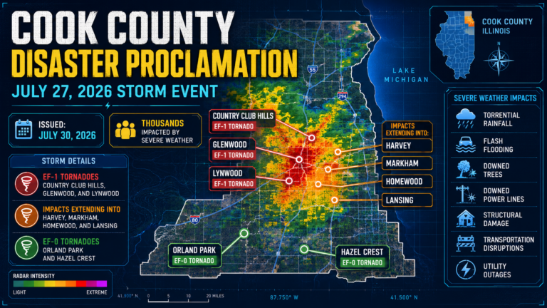 Cook County disaster proclamation graphic for the July 27, 2026 storm showing tornado impacts and emergency response.