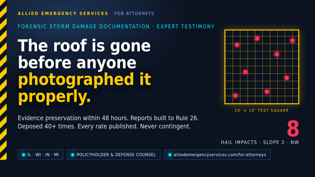Storm damage expert witness graphic: "The roof is gone before anyone photographed it properly" with a 10-by-10-foot hail test square showing 8 impacts — Allied Emergency Services forensic documentation and expert testimony for attorneys in Illinois, Wisconsin, Indiana and Michigan