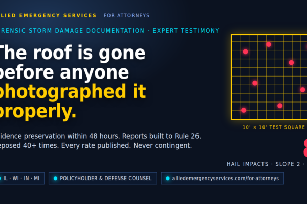 Storm damage expert witness graphic: "The roof is gone before anyone photographed it properly" with a 10-by-10-foot hail test square showing 8 impacts — Allied Emergency Services forensic documentation and expert testimony for attorneys in Illinois, Wisconsin, Indiana and Michigan