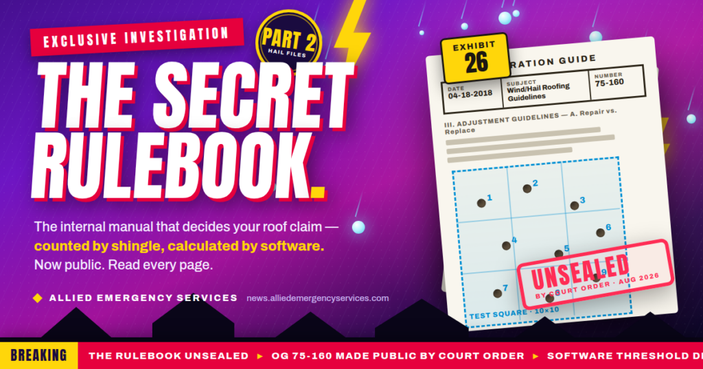 The Secret Rulebook — illustration of State Farm Operation Guide OG 75-160, Wind/Hail Roofing Guidelines (dated 04-18-2018), marked Exhibit 26 and stamped unsealed by court order, showing a 10×10 test square counting hail impacts on a roof claim — Part 2 of The Hail Files investigation into the State Farm Oklahoma lawsuits.