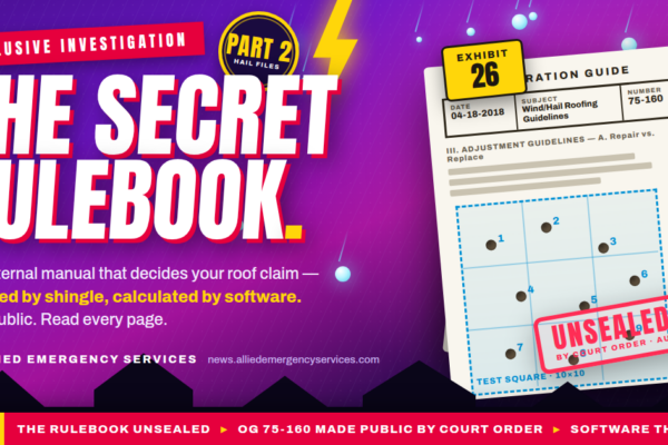 The Secret Rulebook — illustration of State Farm Operation Guide OG 75-160, Wind/Hail Roofing Guidelines (dated 04-18-2018), marked Exhibit 26 and stamped unsealed by court order, showing a 10×10 test square counting hail impacts on a roof claim — Part 2 of The Hail Files investigation into the State Farm Oklahoma lawsuits.