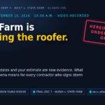 State Farm is deposing the roofer — graphic with a red subpoena stamp reading "Hereof fail not under penalty of law," West v. State Farm, Comanche County CJ-2025-135, video-recorded deposition of a Lindsay, Oklahoma roofing contractor on September 10, 2026