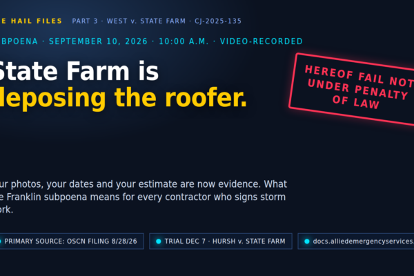 State Farm is deposing the roofer — graphic with a red subpoena stamp reading "Hereof fail not under penalty of law," West v. State Farm, Comanche County CJ-2025-135, video-recorded deposition of a Lindsay, Oklahoma roofing contractor on September 10, 2026