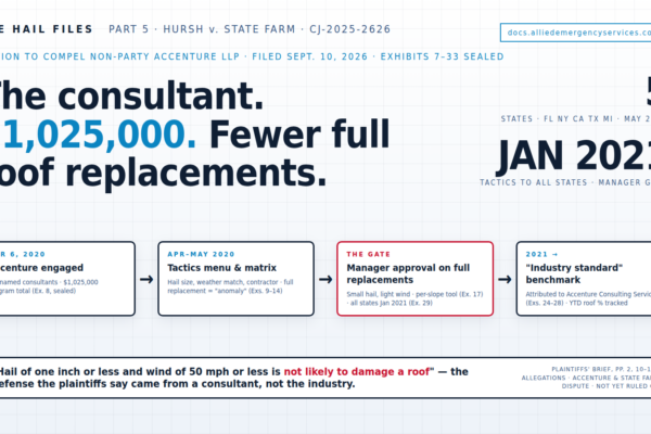 The consultant, $1,025,000, fewer full roof replacements - flow diagram from the Hursh plaintiffs' motion to compel Accenture: April 6, 2020 engagement of six consultants; April-May 2020 tactics menu and claim-type matrix treating full replacement as an anomaly; manager-approval gate on full replacements for small hail and light wind with a per-slope tool, rolled out to all states January 2021; the 'industry standard' benchmark attributed to Accenture Consulting Services; five-state program FL NY CA TX MI; quote 'hail of one inch or less and wind of 50 mph or less is not likely to damage a roof' - allegations Accenture and State Farm dispute, not yet ruled on